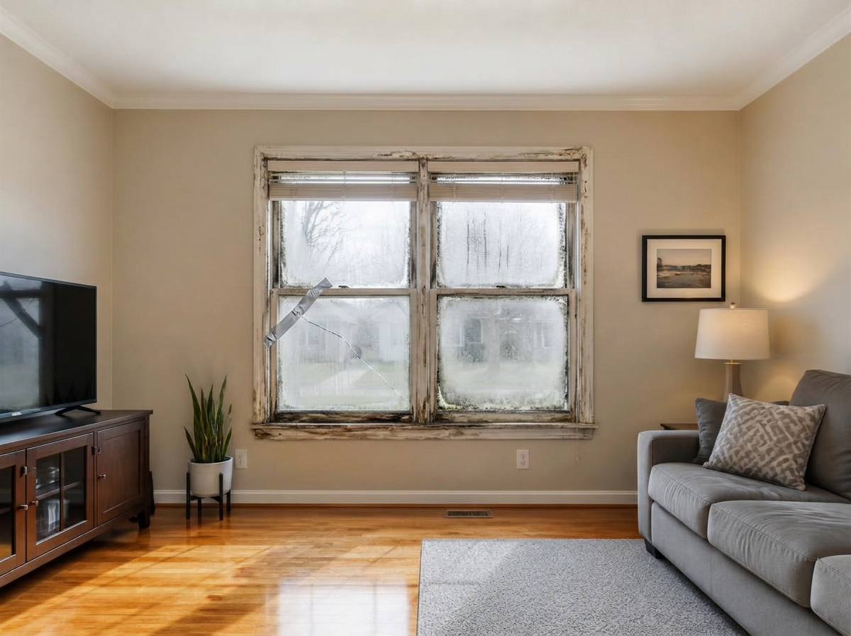 The same room with a failed old window: cracked taped glass, heavy fog and mold between the panes, rotting stained frame and a dim cold room